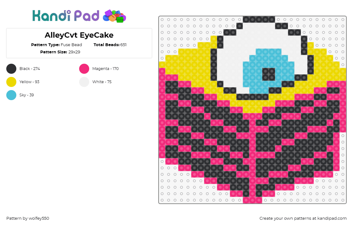 AlleyCvt EyeCake - Fuse Bead Pattern by wolfey550 on Kandi Pad - alleycvt,cake,eyeball,alleycat,dj,edm,music,dessert,pink,black,white,yellow