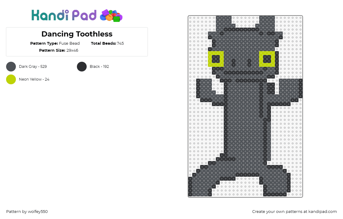 Dancing Toothless - Fuse Bead Pattern by wolfey550 on Kandi Pad - toothless,how to train your dragon,dancing,disney,dragon,movie,character,cute,pl