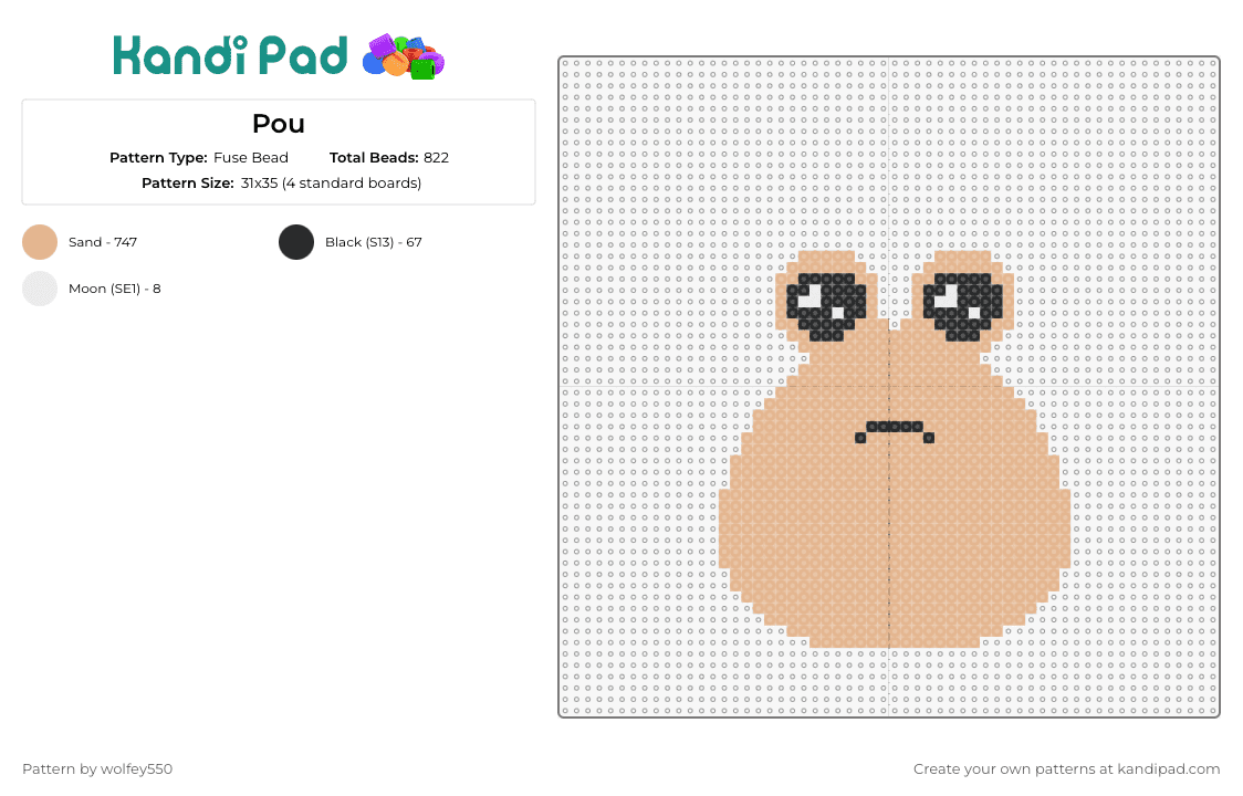 Pou - Fuse Bead Pattern by wolfey550 on Kandi Pad - pou,alien,game,cute,sad,mobile,pet,expressive,heartwarming,lovable,tan