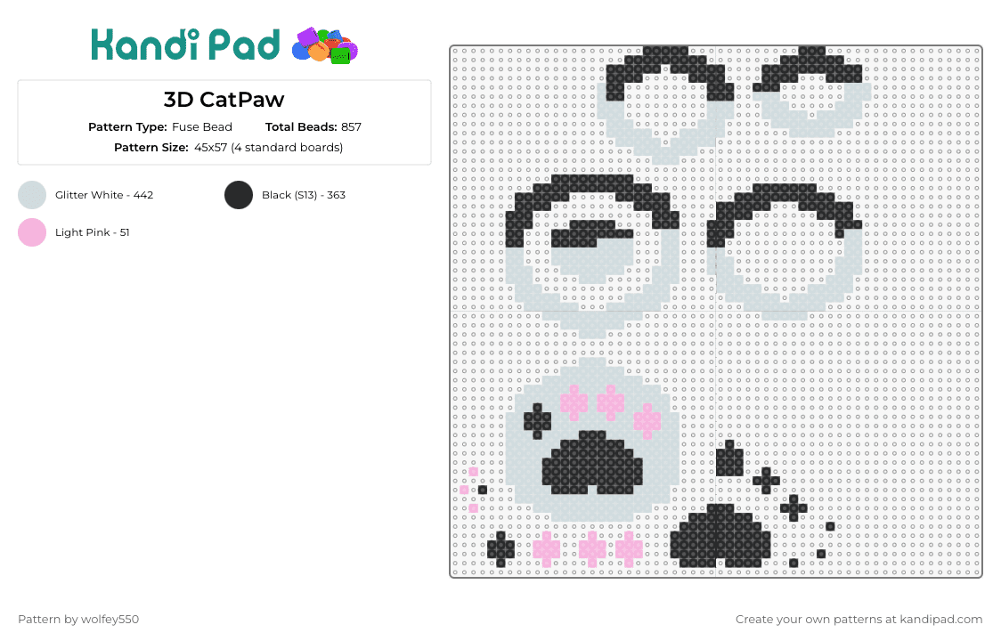 3D CatPaw - Fuse Bead Pattern by wolfey550 on Kandi Pad - paw print,3d,cat,charm,creativity,enthusiasts,unique,delightful,touch,gray