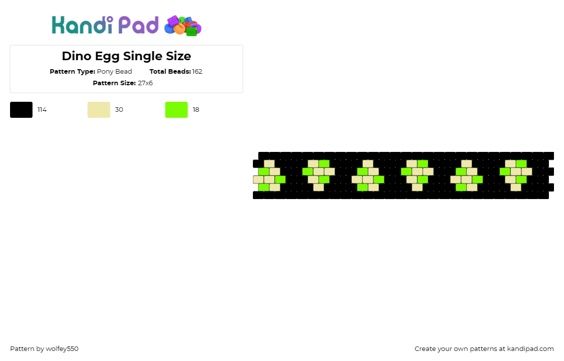 Dino Egg Single Size - Pony Bead Pattern by wolfey550 on Kandi Pad - yoshi,eggs,mario,nintendo,repeating,dinosaur,bracelet,cuff,black,green