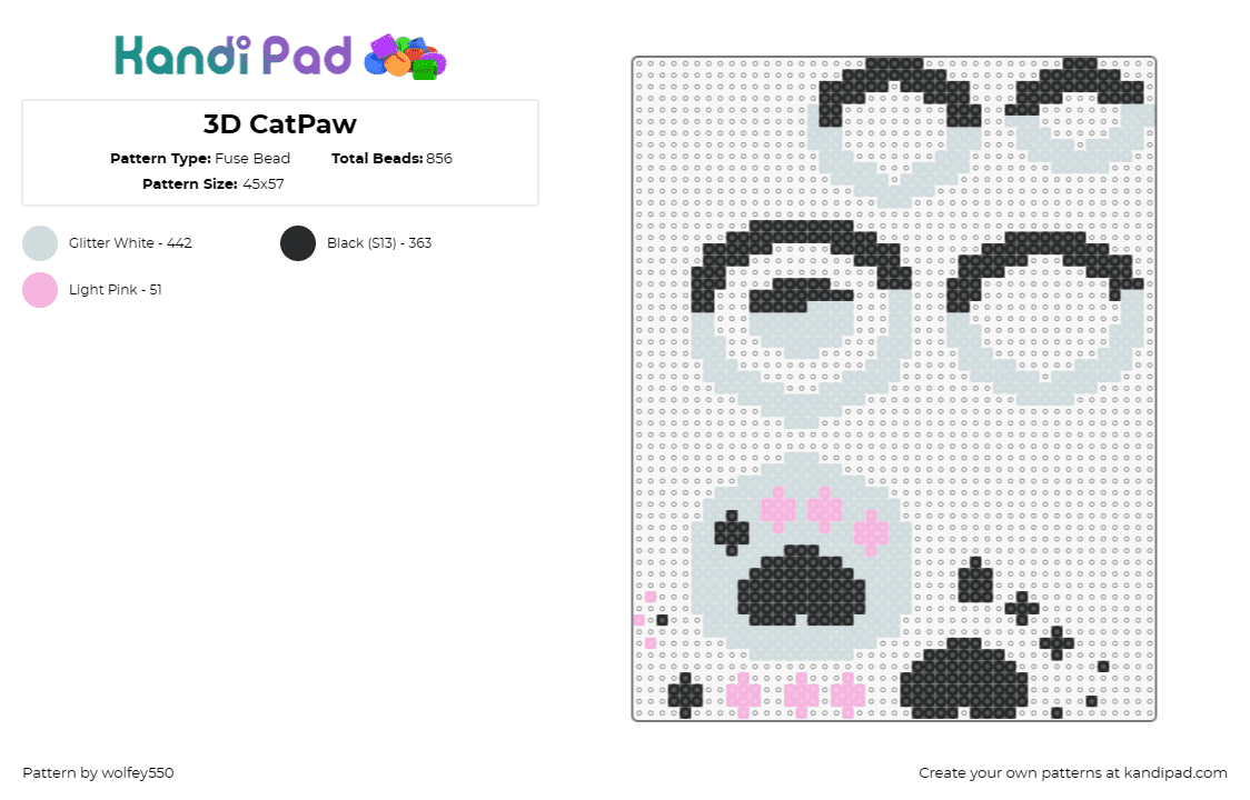 3D CatPaw - Fuse Bead Pattern by wolfey550 on Kandi Pad - paw print,3d,cat,touch,gray