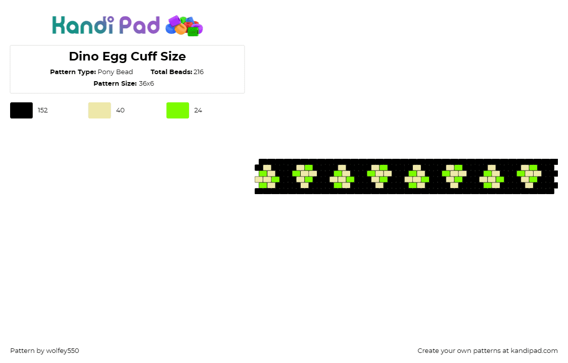 Dino Egg Cuff Size - Pony Bead Pattern by wolfey550 on Kandi Pad - yoshi,eggs,mario,nintendo,repeating,dinosaur,bracelet,cuff,black,beige