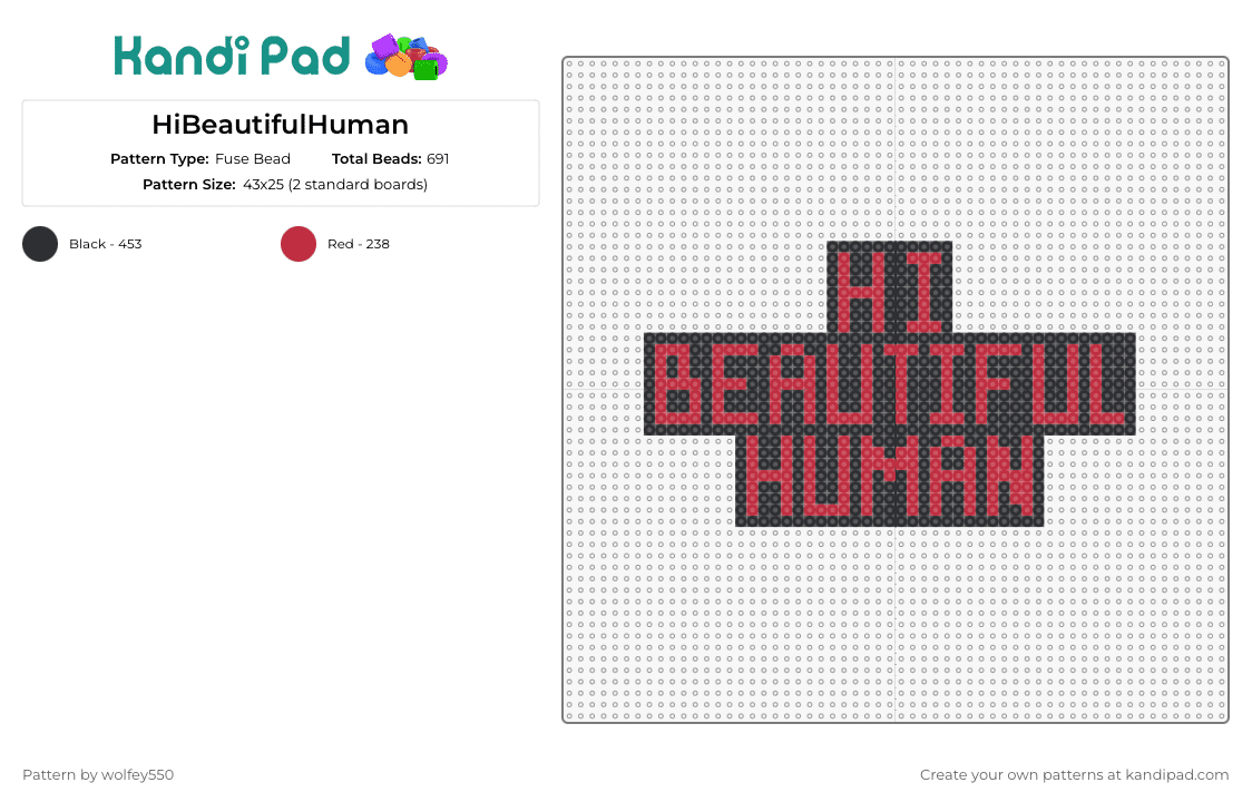 HiBeautifulHuman - Fuse Bead Pattern by wolfey550 on Kandi Pad - hi beautiful human,sign,text,red,black