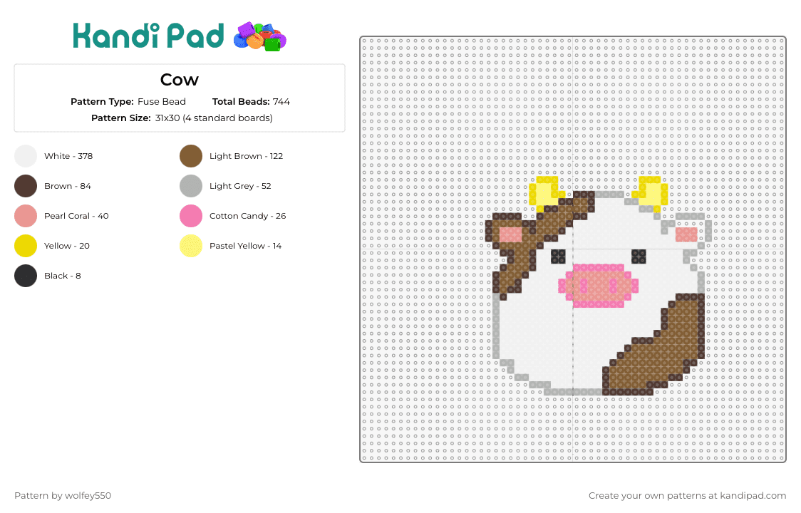 Cow - Fuse Bead Pattern by wolfey550 on Kandi Pad - cow,squishmallow,cute,animal,farm,plush,charm