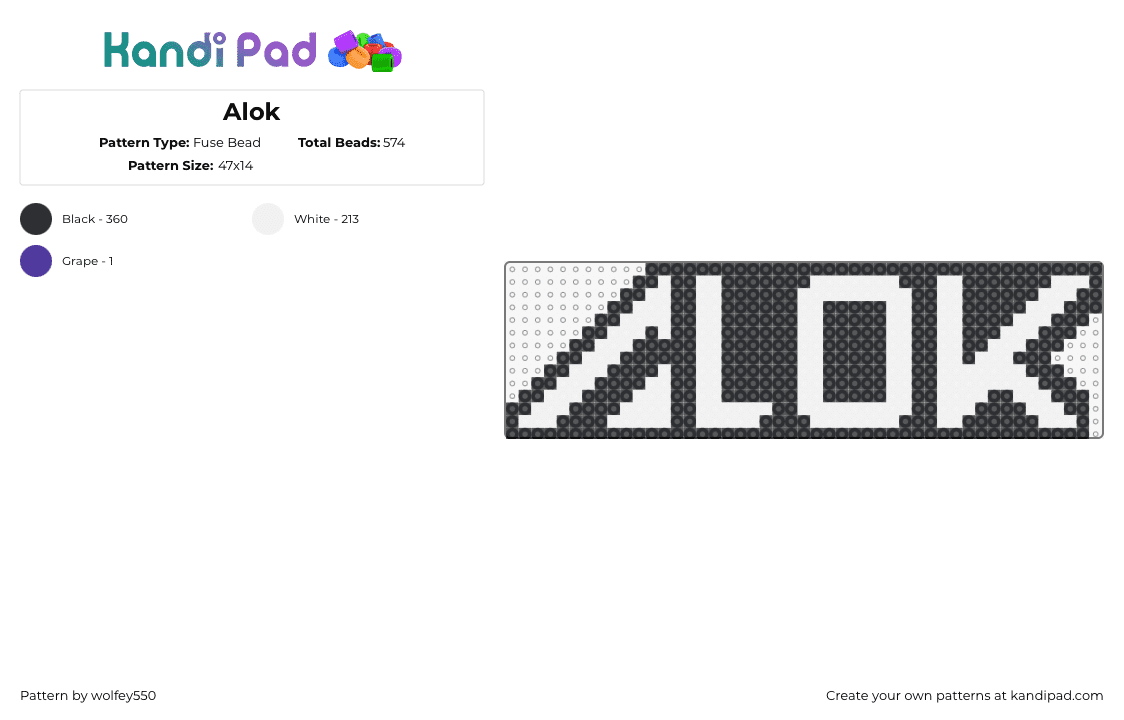 Alok - Fuse Bead Pattern by wolfey550 on Kandi Pad - alok,logo,dj,music,edm,black,white