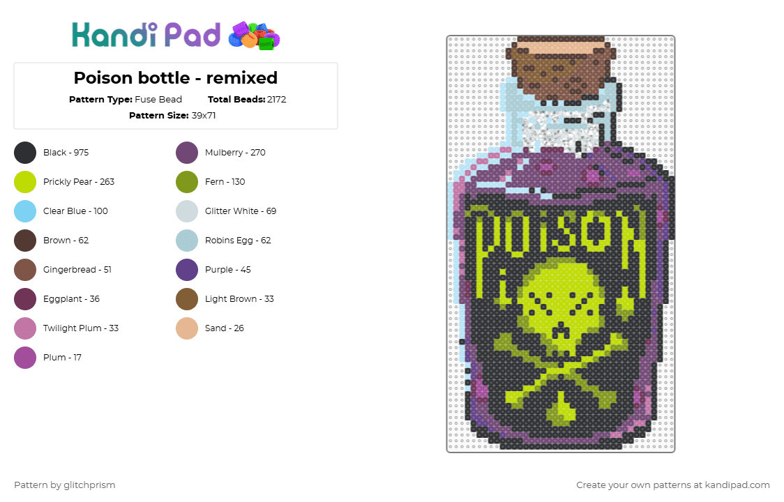 Poison bottle - Fuse Bead Pattern by glitchprism on Kandi Pad - black,pink,gold,colorful,poison,botion bottle,potion,witch,witchy