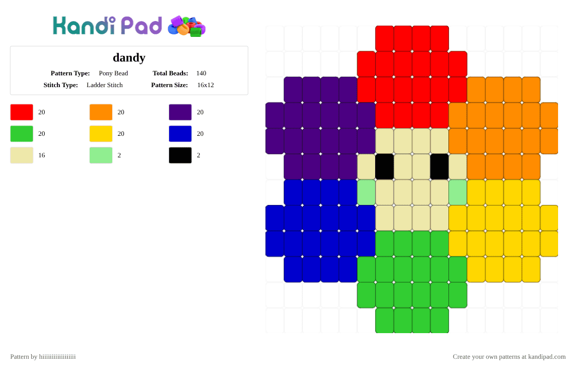 dandy - Pony Bead Pattern by hiiiiiiiiiiiiiiiiii on Kandi Pad - purple, yellow