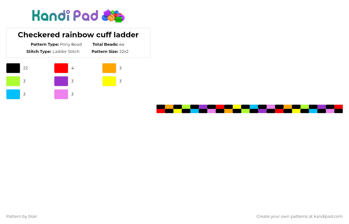 Checkered rainbow cuff ladder - Pony Bead Pattern by blair on Kandi Pad - black,green,red,light blue,colorful