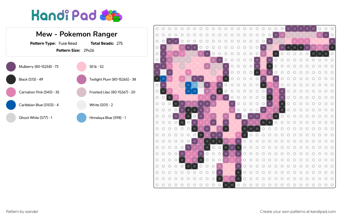 Mew - Pokemon Ranger - Fuse Bead Pattern by wander on Kandi Pad - pink