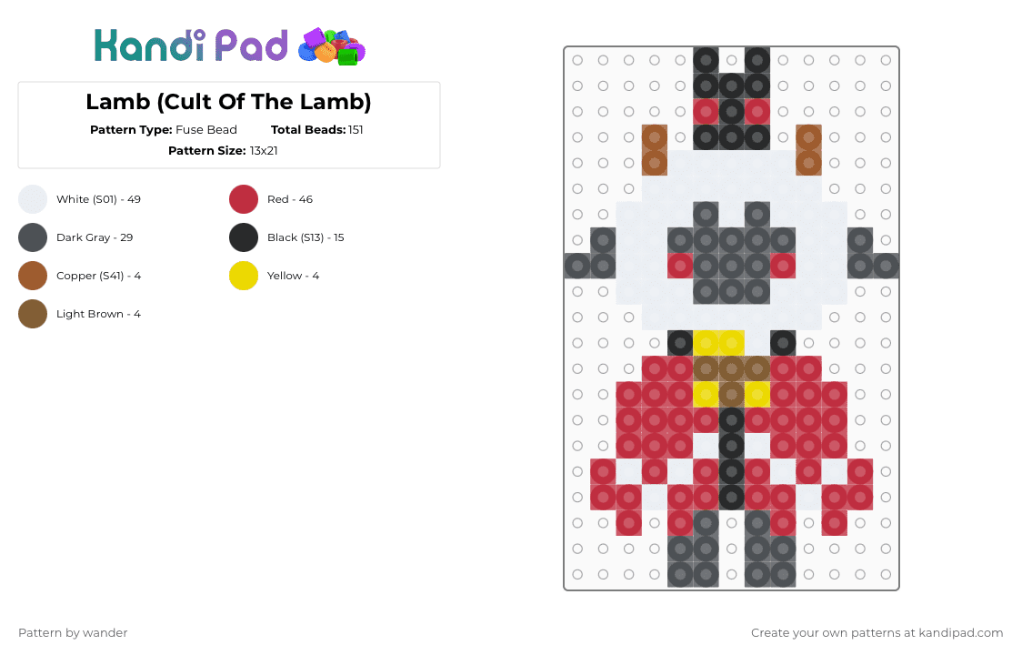 Lamb (Cult Of The Lamb) - Fuse Bead Pattern by wander on Kandi Pad - red,gray