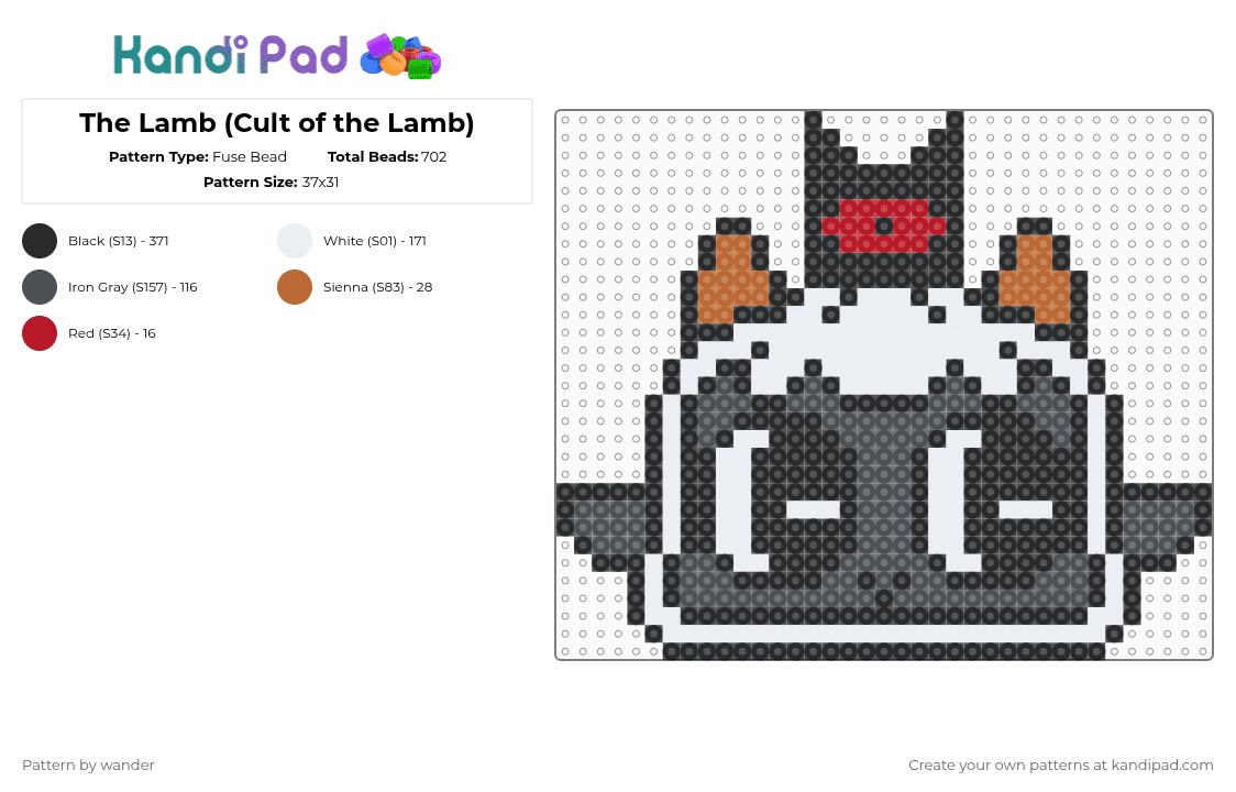 The Lamb (Cult of the Lamb) - Fuse Bead Pattern by wander on Kandi Pad - black,white,purple