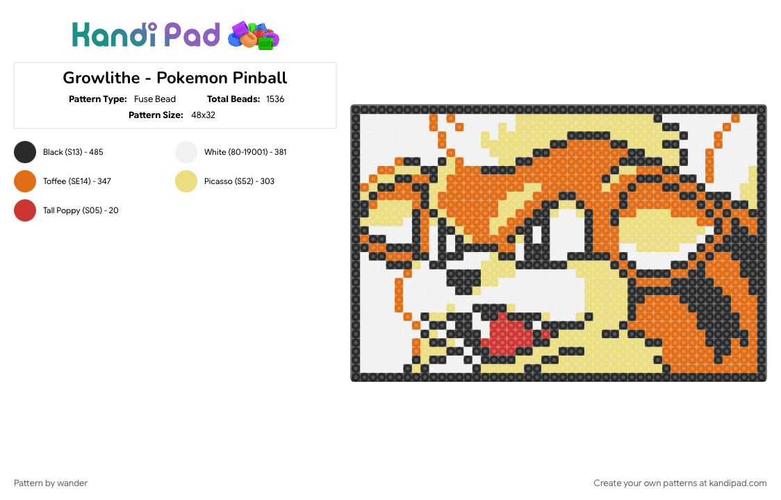 Growlithe - Pokemon Pinball - Fuse Bead Pattern by wander on Kandi Pad - orange, yellow