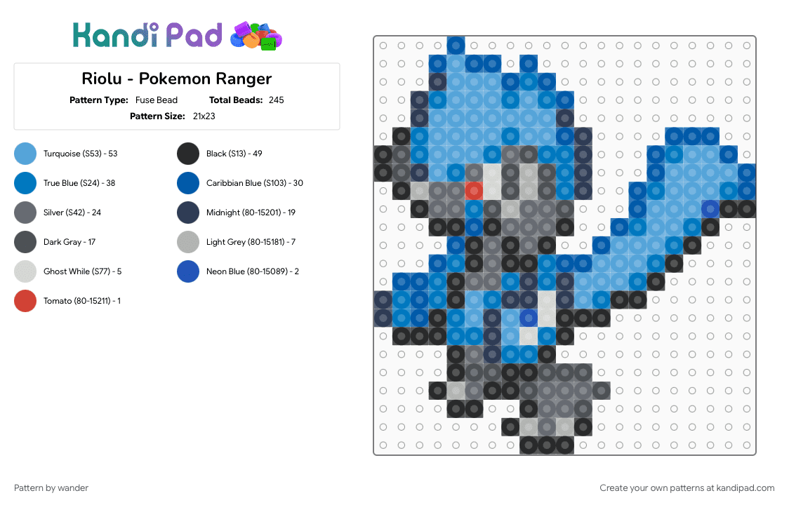 Riolu - Pokemon Ranger - Fuse Bead Pattern by wander on Kandi Pad - blue, gray, light blue
