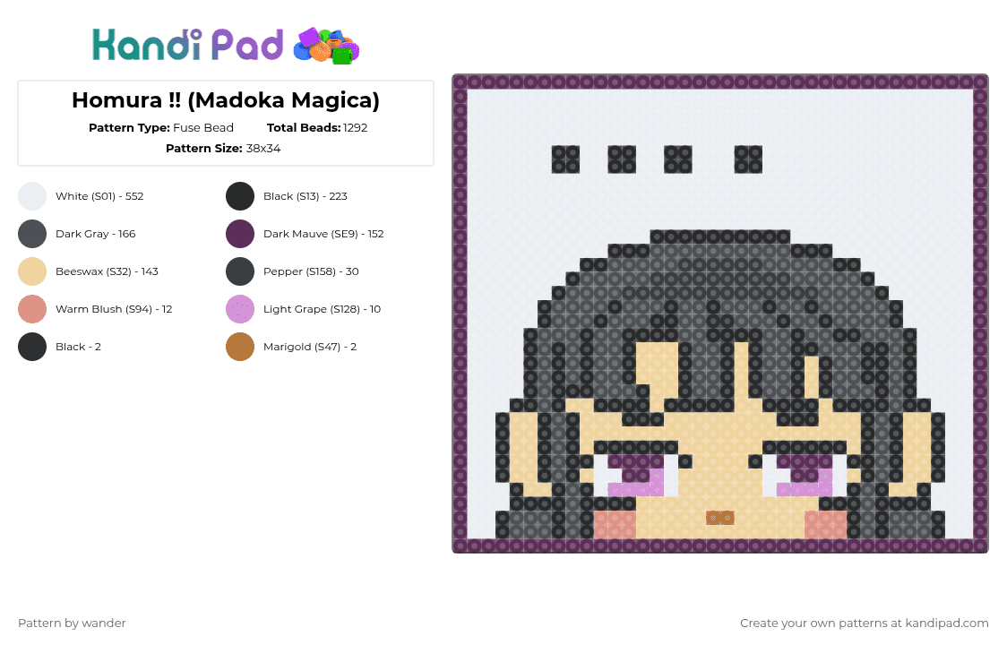Homura !! (Madoka Magica) - Fuse Bead Pattern by wander on Kandi Pad - white,beige,pink,gray