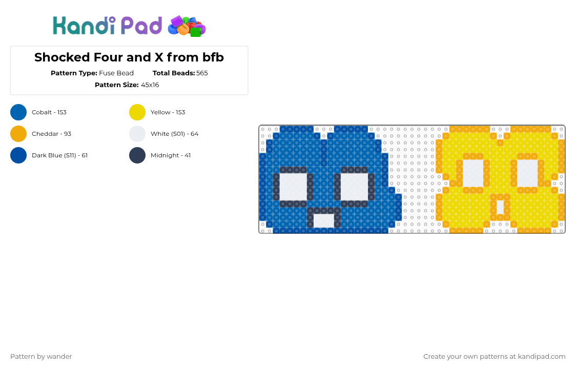 Shocked Four and X from bfb - Fuse Bead Pattern by wander on Kandi Pad - blue,yellow
