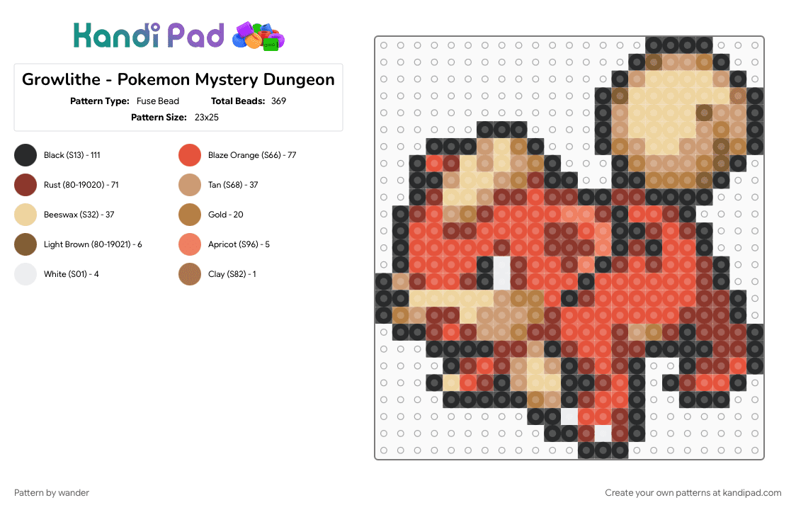 Growlithe - Pokemon Mystery Dungeon - Fuse Bead Pattern by wander on Kandi Pad - beige, red