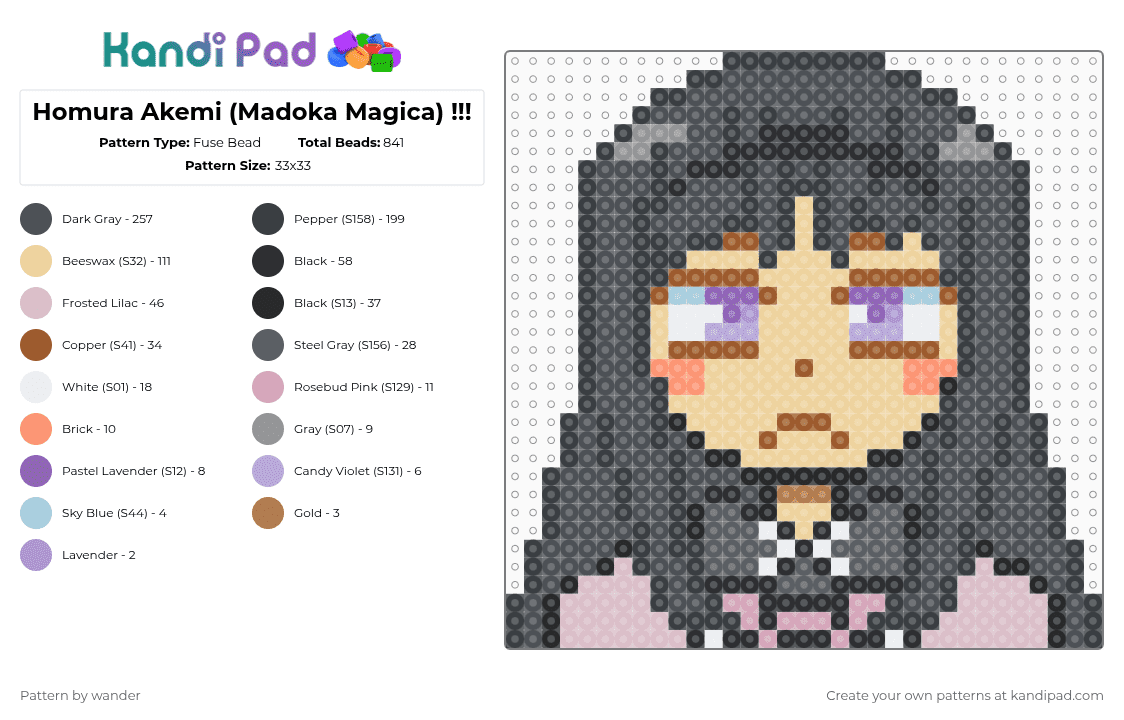 Homura Akemi (Madoka Magica) !!! - Fuse Bead Pattern by wander on Kandi Pad - gray,beige