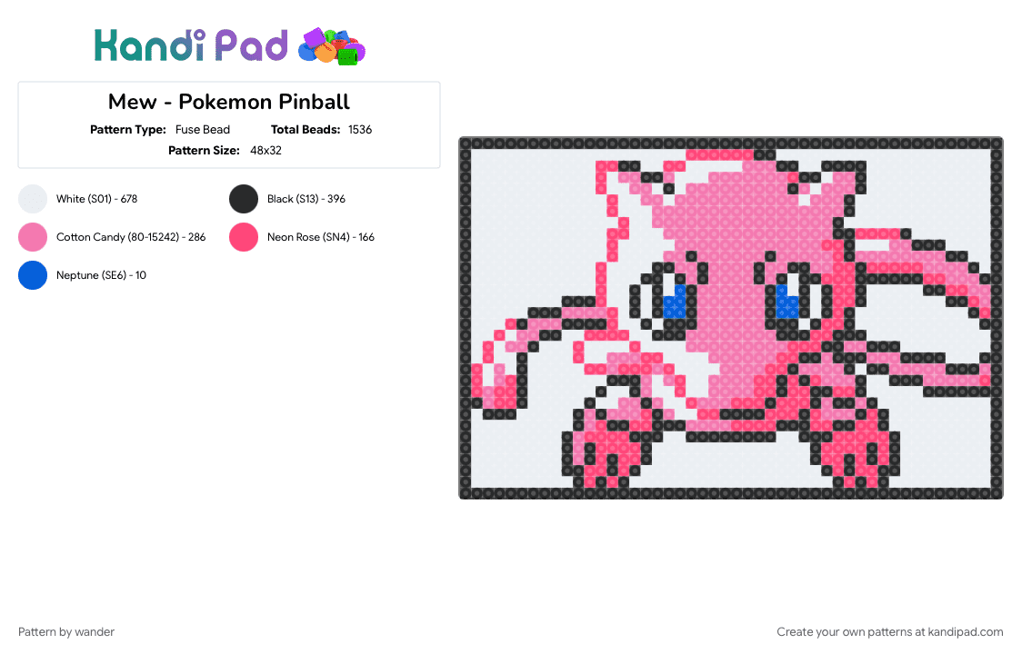 Mew - Pokemon Pinball - Fuse Bead Pattern by wander on Kandi Pad - pink, red, white
