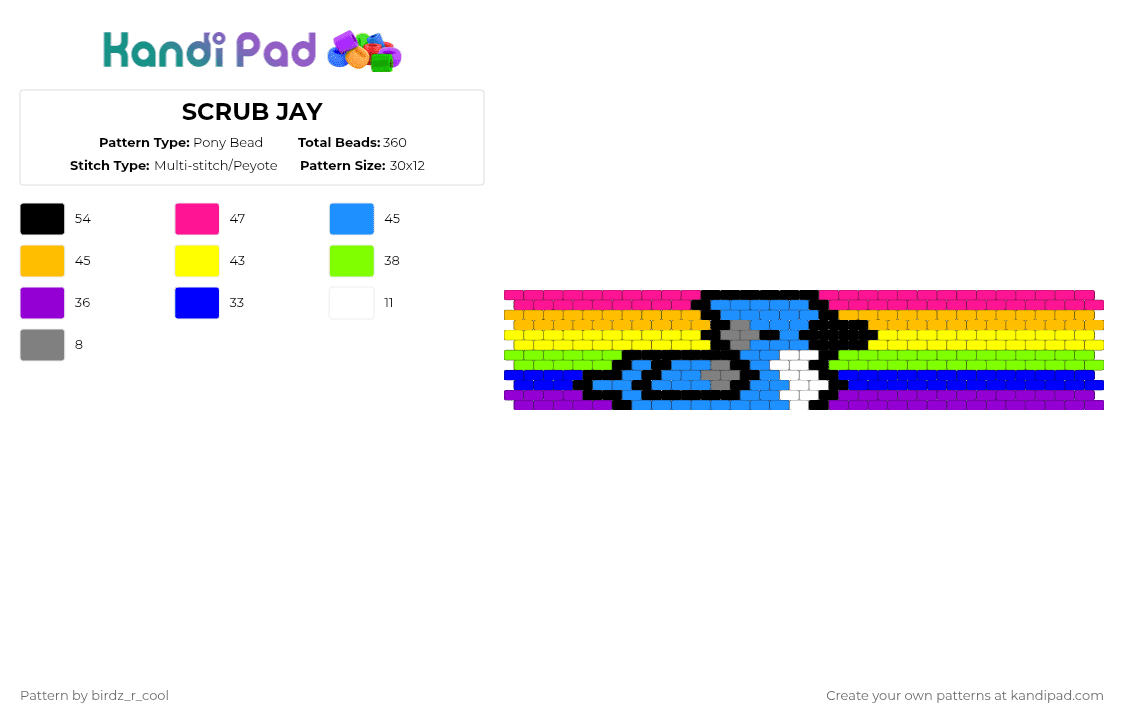 SCRUB JAY - Pony Bead Pattern by birdz_r_cool on Kandi Pad - pink,light blue,yellow,purple