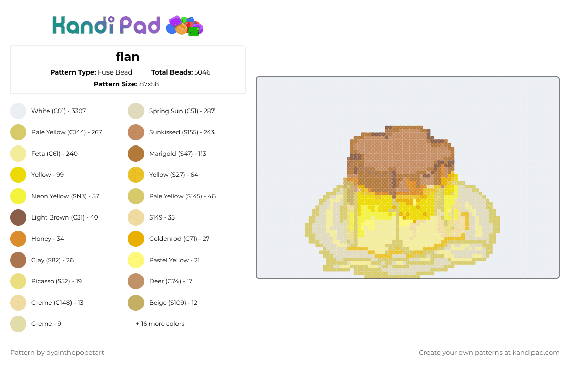 flan - Fuse Bead Pattern by dyalnthepopetart on Kandi Pad - white,yellow,tan,beige,cotddessertsfancy