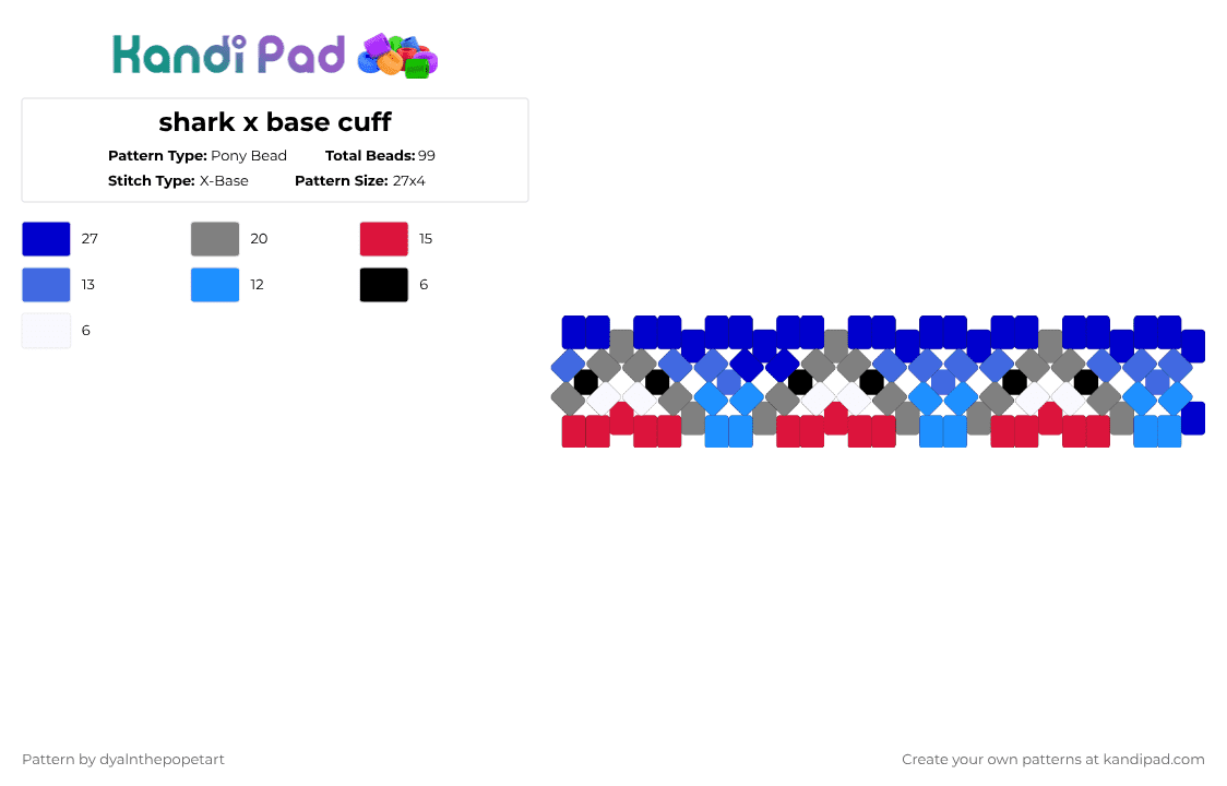 shark x base cuff - Pony Bead Pattern by dyalnthepopetart on Kandi Pad - gray,purple,shark