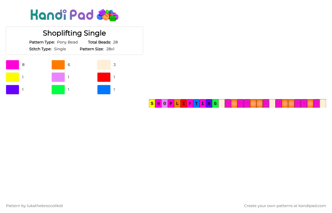 Shoplifting Single - Pony Bead Pattern by lukathebroccolikid on Kandi Pad - pink,orange