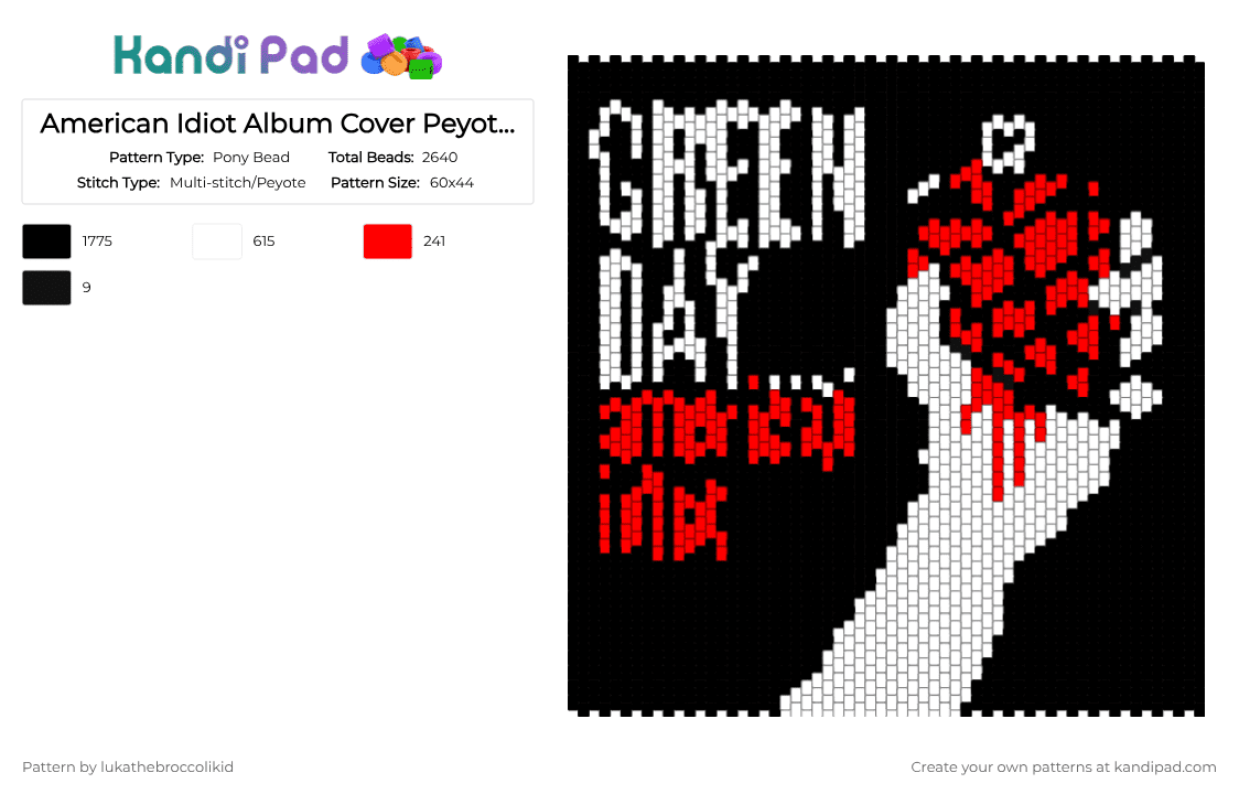 American Idiot Album Cover Peyote Panel - Pony Bead Pattern by lukathebroccolikid on Kandi Pad - black,red,white