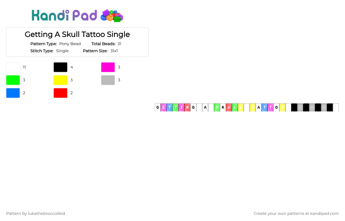 Getting A Skull Tattoo Single - Pony Bead Pattern by lukathebroccolikid on Kandi Pad - white,green,beige,colorful