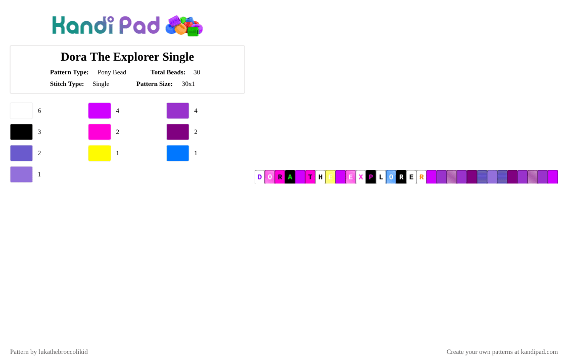Dora The Explorer Single - Pony Bead Pattern by lukathebroccolikid on Kandi Pad - pink,purple