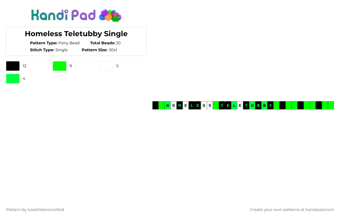 Homeless Teletubby Single - Pony Bead Pattern by lukathebroccolikid on Kandi Pad - green,white