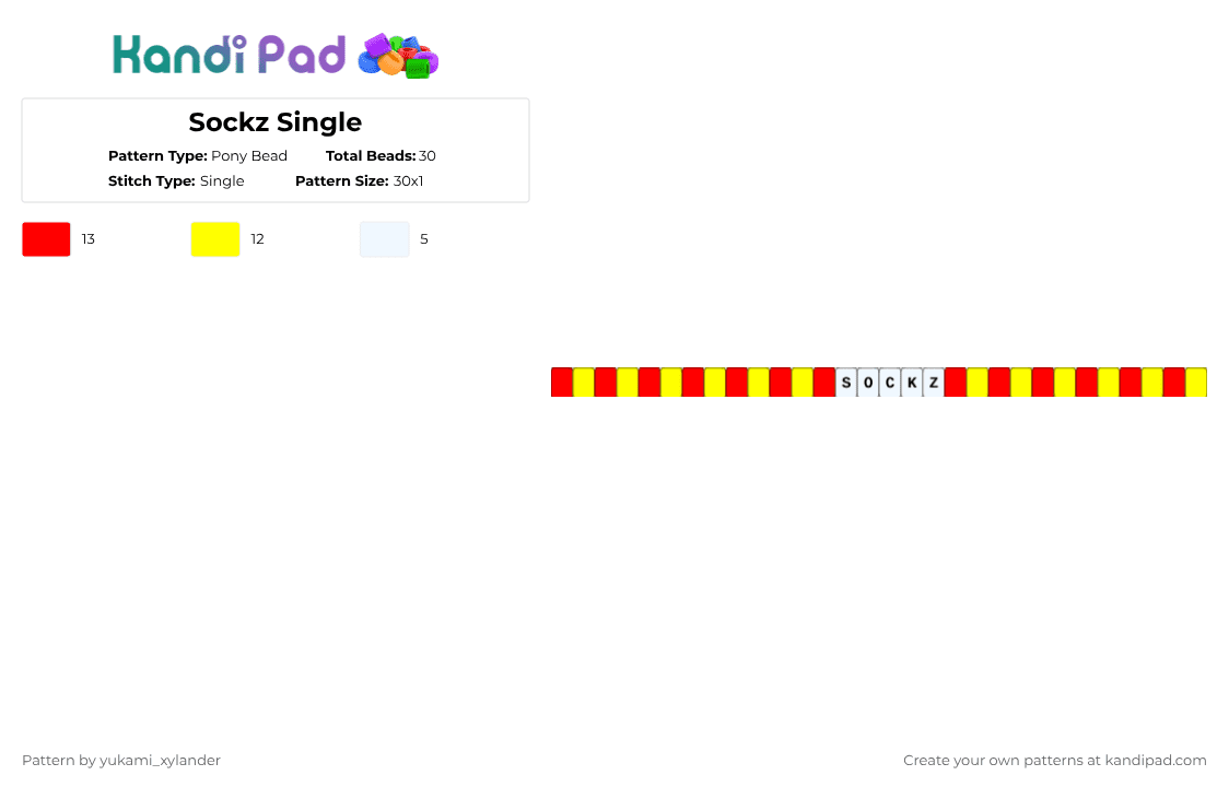 Sockz Single - Pony Bead Pattern by lukathebroccolikid on Kandi Pad - red,yellow
