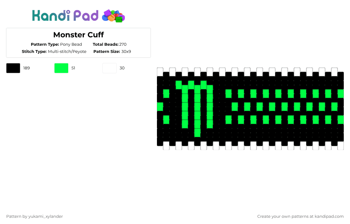 Monster Cuff - Pony Bead Pattern by lukathebroccolikid on Kandi Pad - black,white,green