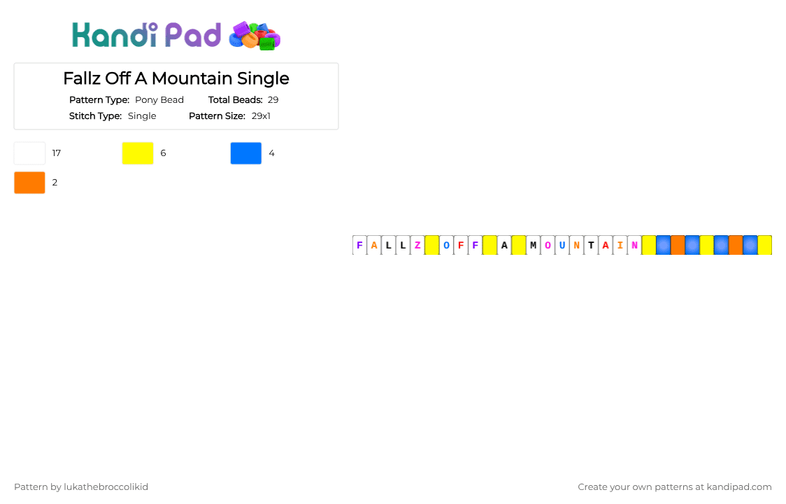 Fallz Off A Mountain Single - Pony Bead Pattern by lukathebroccolikid on Kandi Pad - white,yellow,blue