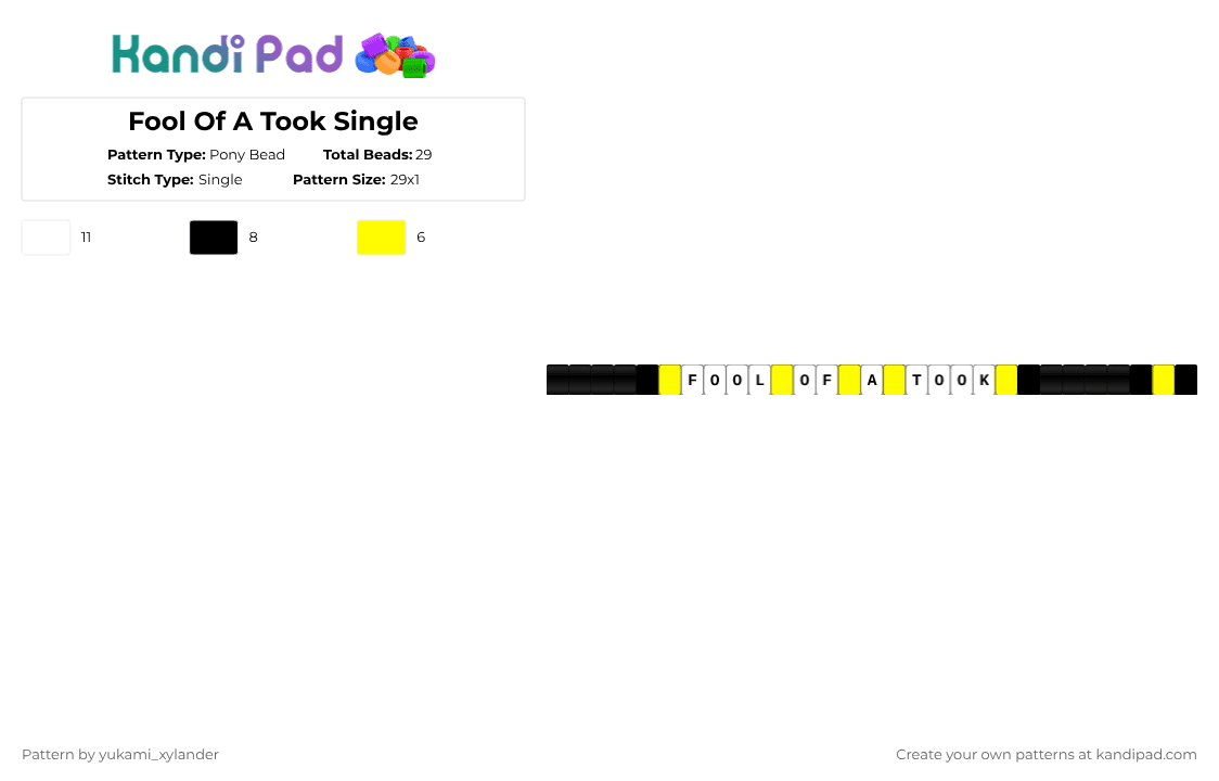 Fool Of A Took Single - Pony Bead Pattern by lukathebroccolikid on Kandi Pad - white,yellow