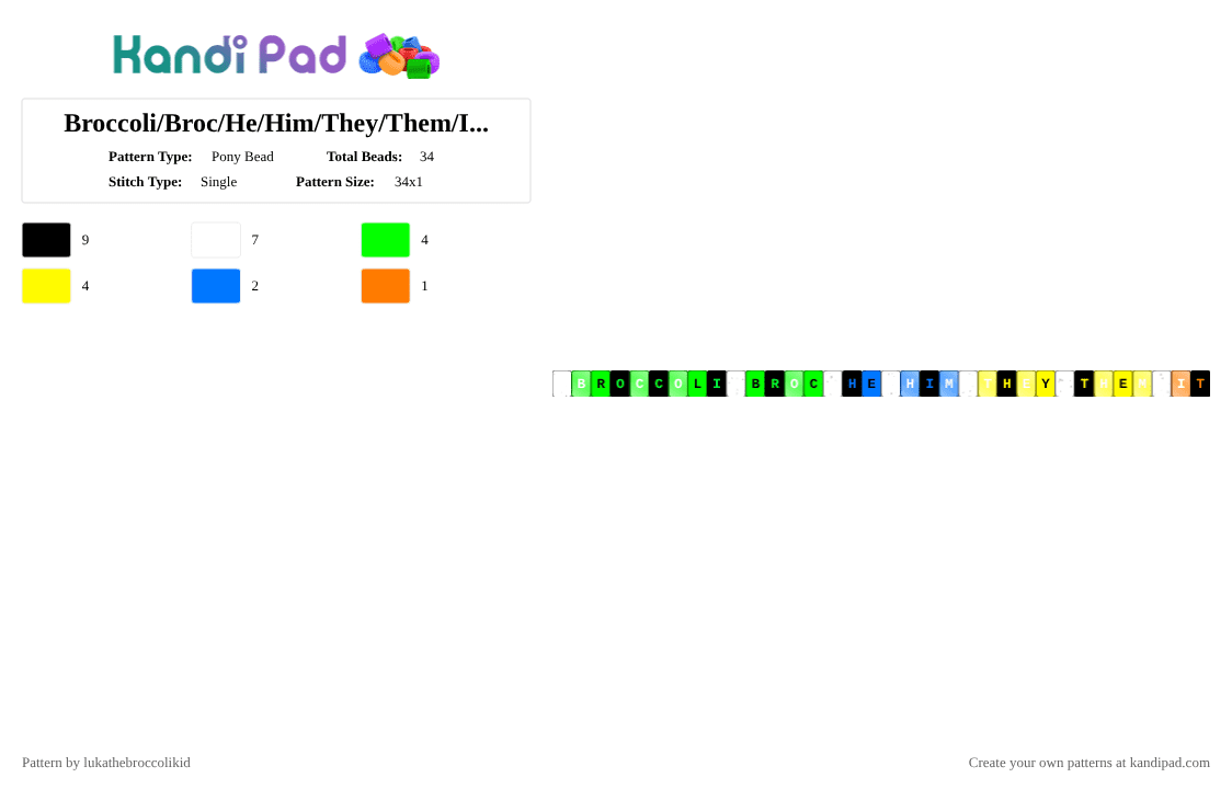 Broccoli/Broc/He/Him/They/Them/It Single - Pony Bead Pattern by lukathebroccolikid on Kandi Pad - green,yellow