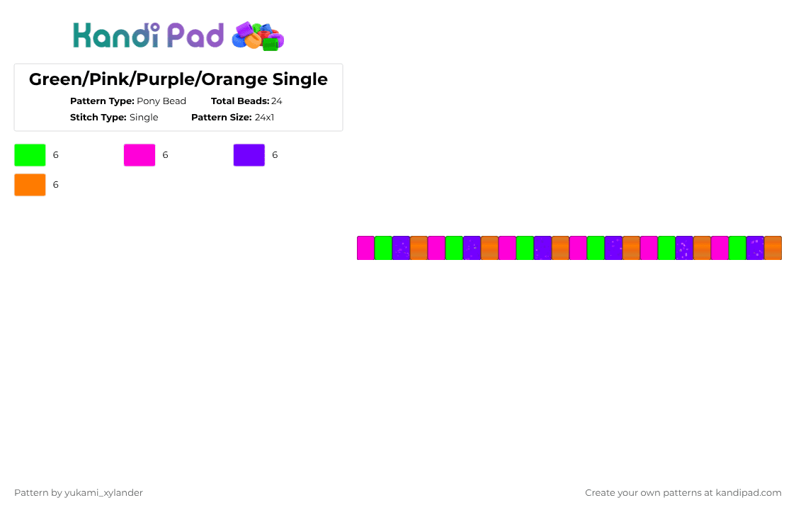 Green/Pink/Purple/Orange Single - Pony Bead Pattern by lukathebroccolikid on Kandi Pad - green,pink,purple,orange