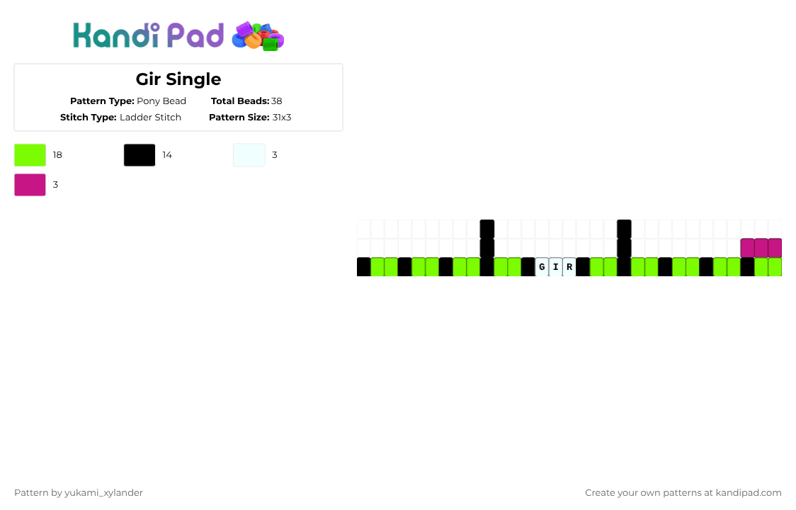 Gir Single - Pony Bead Pattern by lukathebroccolikid on Kandi Pad - green