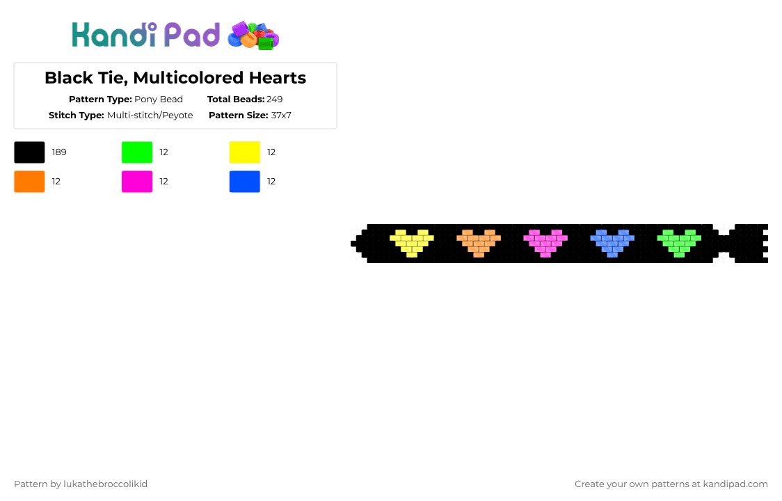 Black Tie, Multicolored Hearts - Pony Bead Pattern by lukathebroccolikid on Kandi Pad - black,yellow,pink,colorful