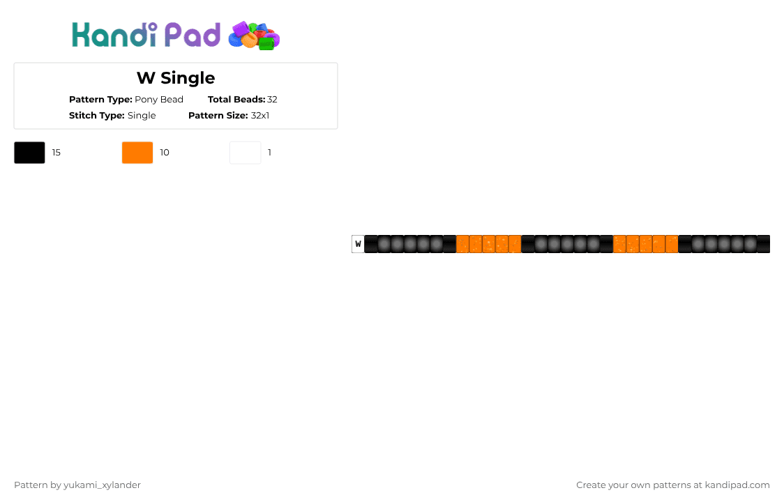 W Single - Pony Bead Pattern by lukathebroccolikid on Kandi Pad - black,orange