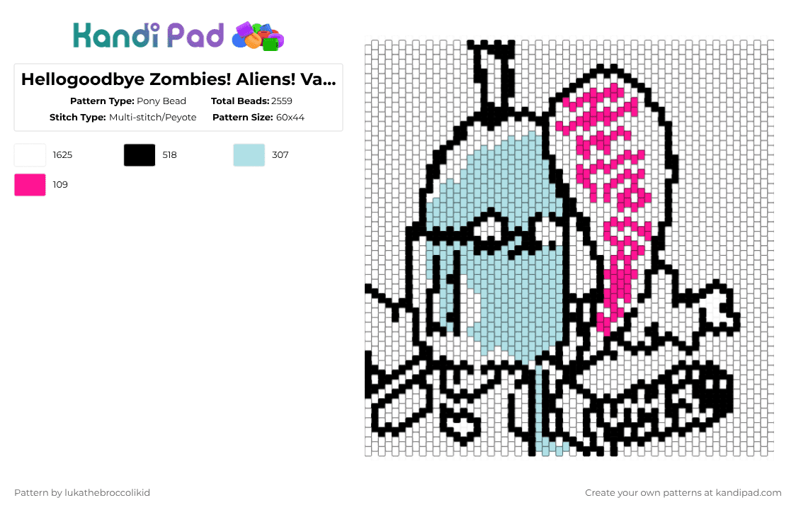 Hellogoodbye Zombies! Aliens! Vampires! Dinosaurs! Album Cover - Pony Bead Pattern by lukathebroccolikid on Kandi Pad - white,pink,light blue