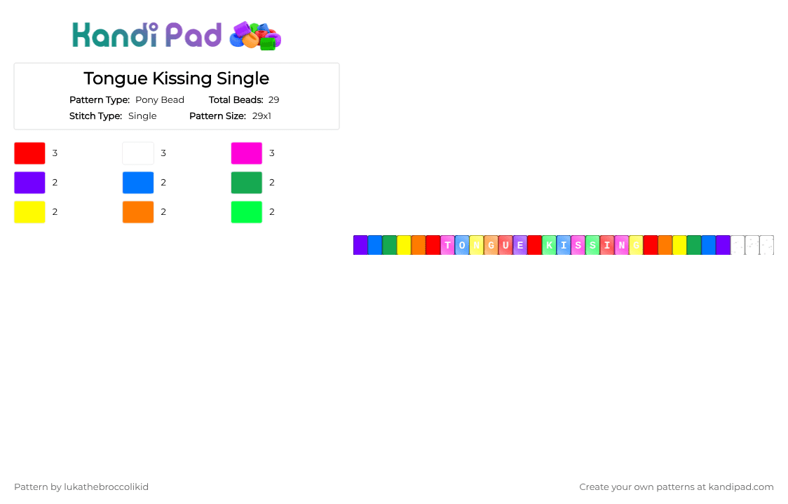 Tongue Kissing Single - Pony Bead Pattern by lukathebroccolikid on Kandi Pad - blue,green,yellow,red