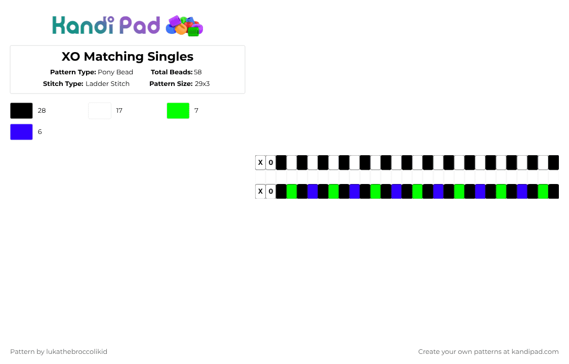 XO Matching Singles - Pony Bead Pattern by lukathebroccolikid on Kandi Pad - green,purple