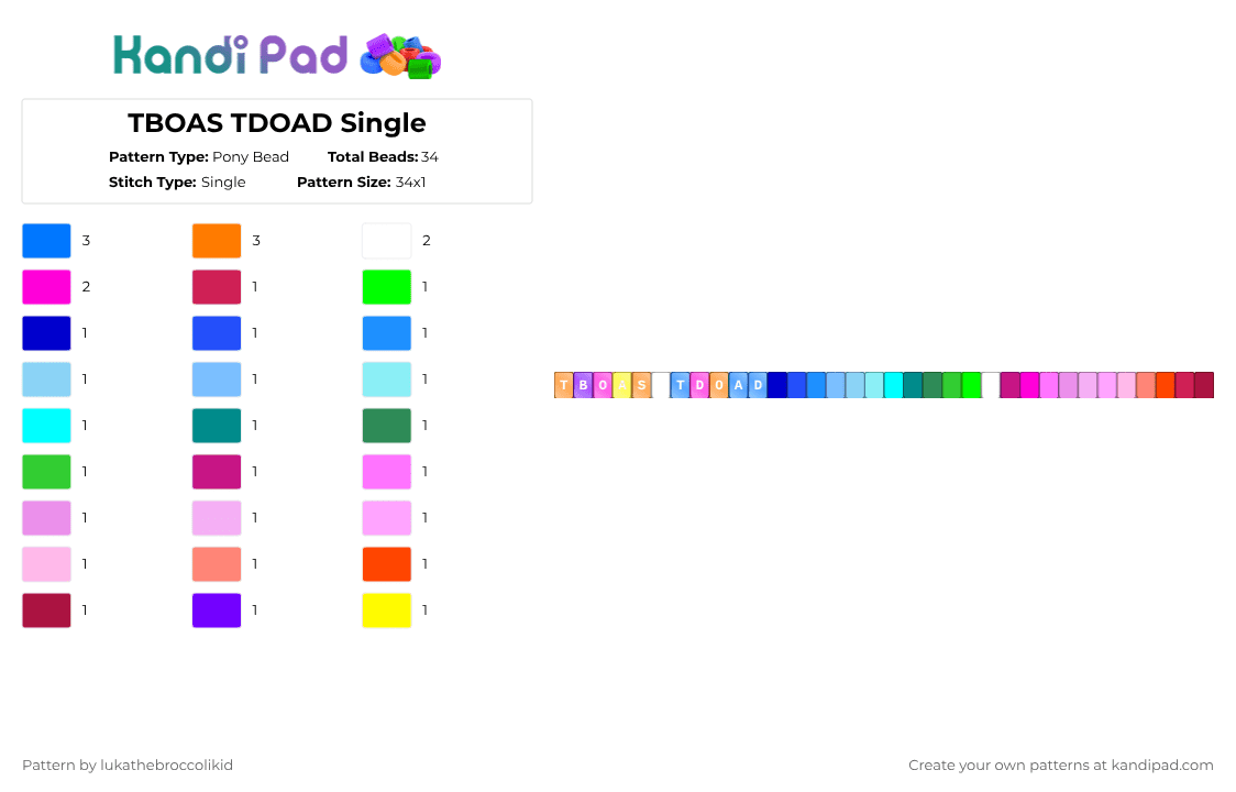 TBOAS TDOAD Single - Pony Bead Pattern by lukathebroccolikid on Kandi Pad - blue,light blue,pink,orange