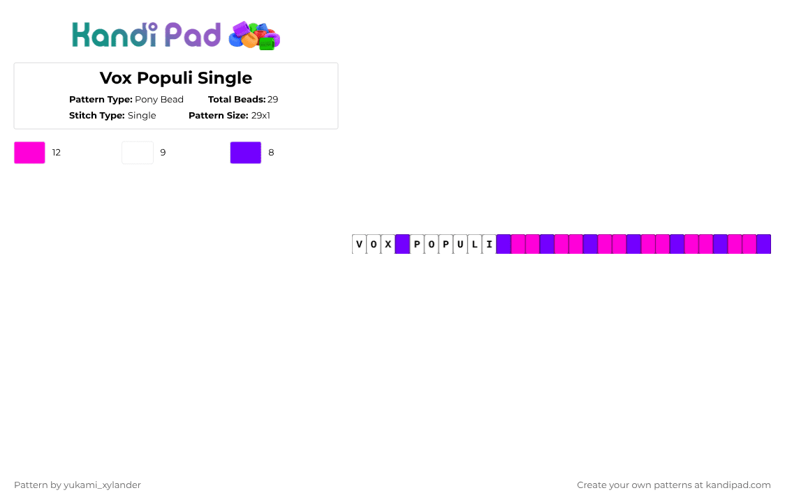 Vox Populi Single - Pony Bead Pattern by lukathebroccolikid on Kandi Pad - purple,pink