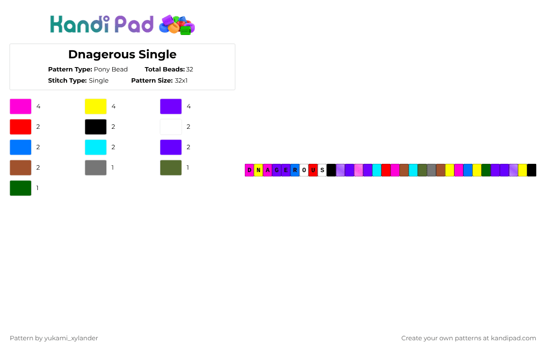 Dnagerous Single - Pony Bead Pattern by lukathebroccolikid on Kandi Pad - red,pink,purple,yellow