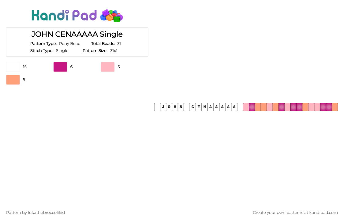 JOHN CENAAAAA Single - Pony Bead Pattern by lukathebroccolikid on Kandi Pad - pink,orange