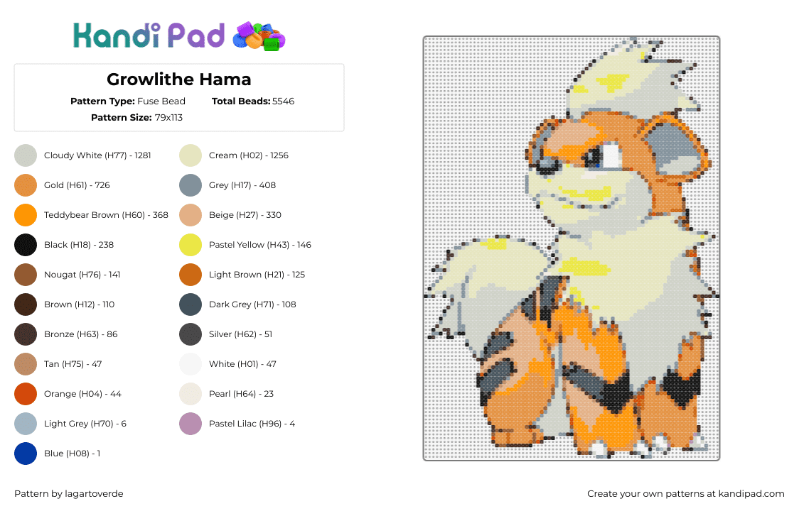 Growlithe Hama - Fuse Bead Pattern by lagartoverde on Kandi Pad - growlithe,pokemon,character,gaming,orange,beige