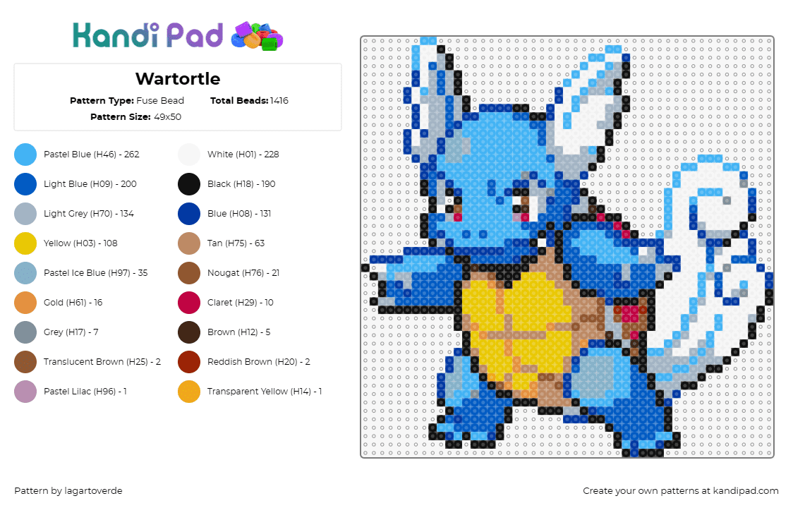 Wartortle - Fuse Bead Pattern by lagartoverde on Kandi Pad - wartortle,squirtle,blastoise,pokemon,water-type,detailed,character,splash,blue