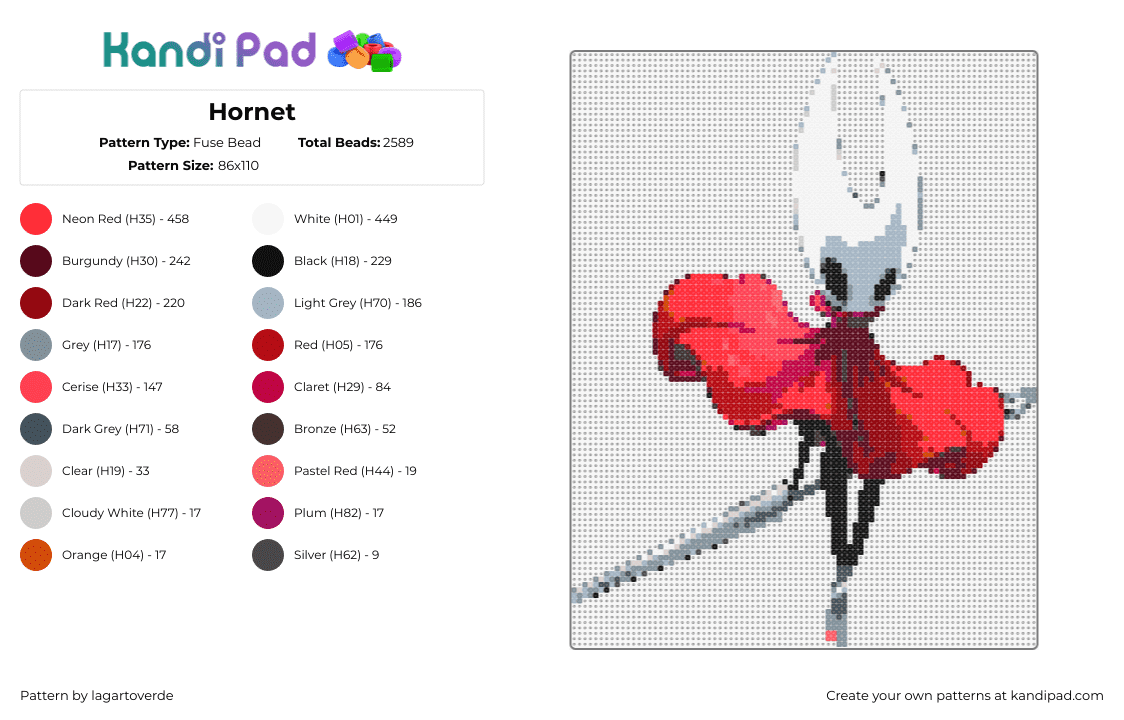 Hornet - Fuse Bead Pattern by lagartoverde on Kandi Pad - hornet,hollow knight,video game,character,white,red